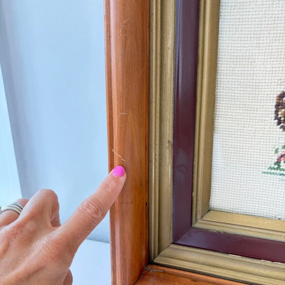 Vintage 1964 Hummel Style Needlepoint Framed Art Girl with Basket Wood Frame